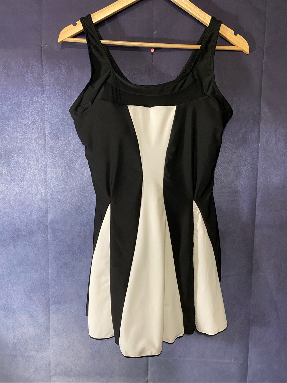 Black and White One-Piece Swimdress with Flattering Paneled Design